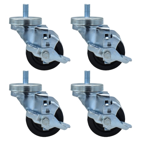 Bk Resources 3-inch Threaded Stem Casters, Polyolefin Wheels, Brake, 300lb Capacity, Chemical Resistant, 4PK 3SBR-4ST-LDP-PS4